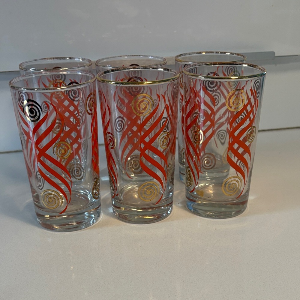 Set of 6 Vintage High Ball Glasses in Orange and Gold